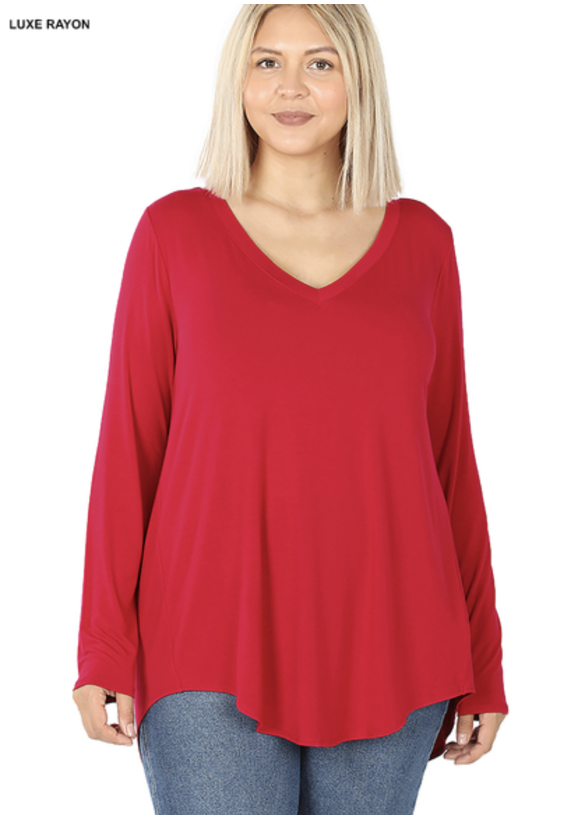 Dark Red Luxe Rayon Long Sleeve V-Neck-Zenana | The Quirky Closet
