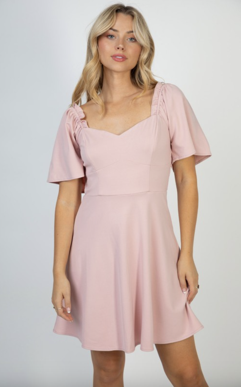 Brown Mini Dress - Sweetheart Neck Skater Dress - Taupe Puff Cap Sleeve  Dress