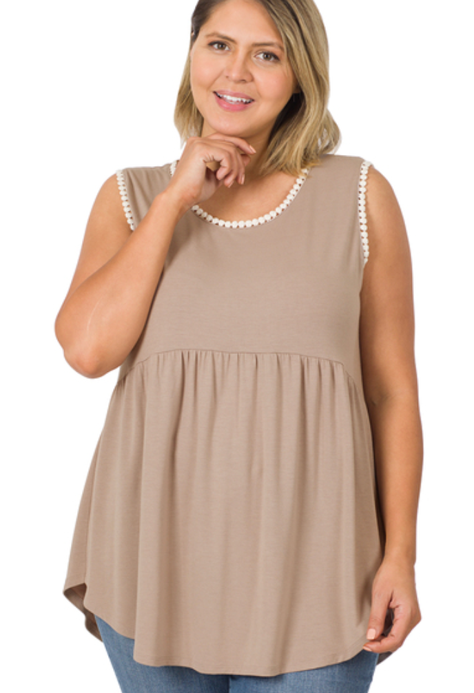 Ash Mocha Sleeveless Babydoll with Scallop Detail - Zenana