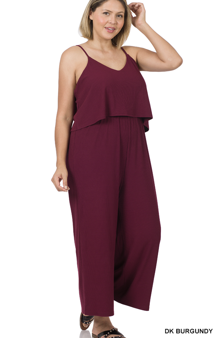 Dark Burgundy Ribbed Double Layer Jumpsuit With Pockets - Zenana