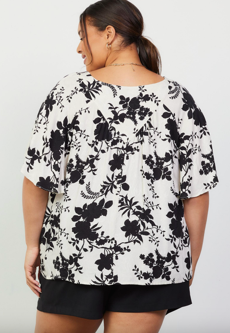 Upcycle - Black shops top with Floral Ivory sleeve overlay from an old blouse.